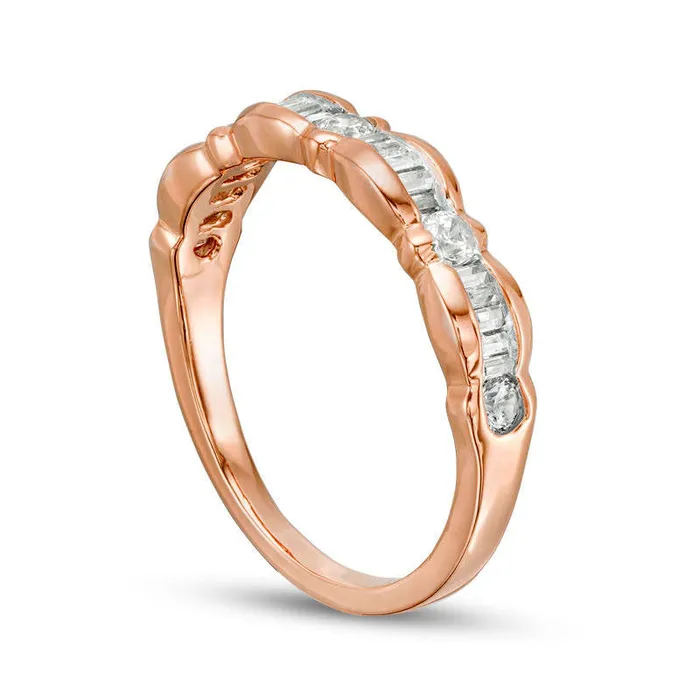 Goldia Rings 033 CT TW Baguette and Round Natural Diamond Scallop Wedding Band in Solid 10K Rose Gold