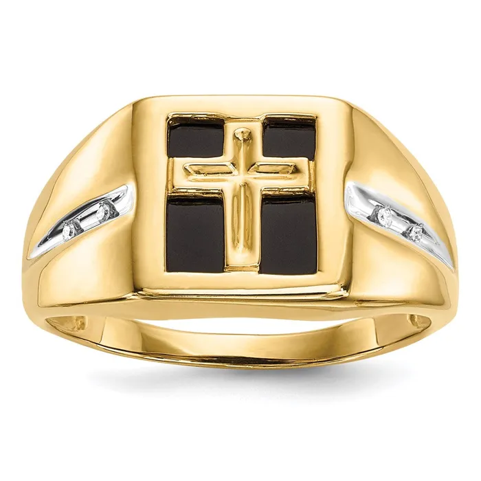 Goldia Rings 14K Yellow Gold Onyx and Real Diamond Cross Mens Ring
