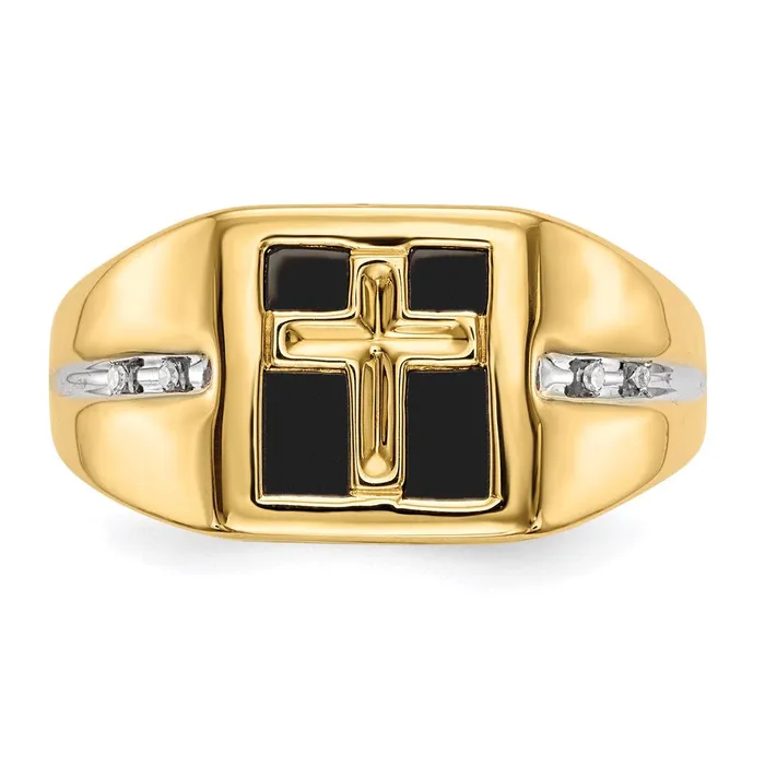 Goldia Rings 14K Yellow Gold Onyx and Real Diamond Cross Mens Ring