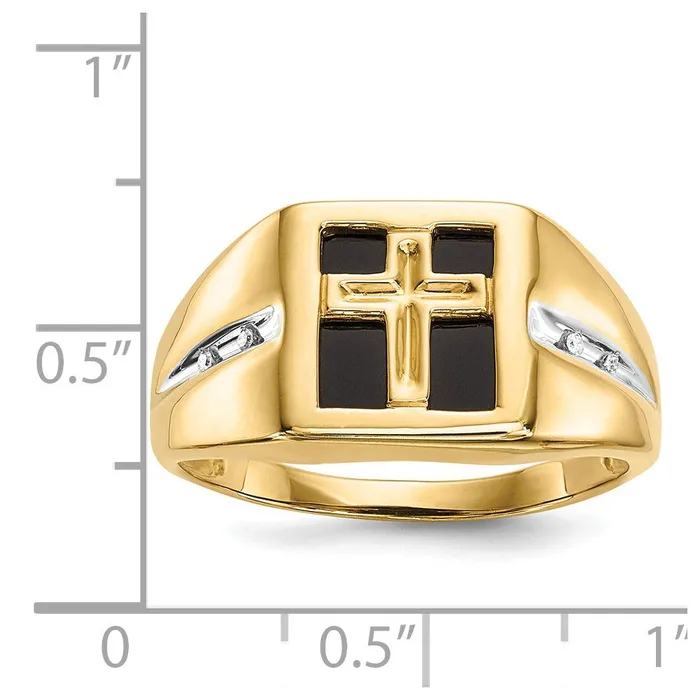 Goldia Rings 14K Yellow Gold Onyx and Real Diamond Cross Mens Ring