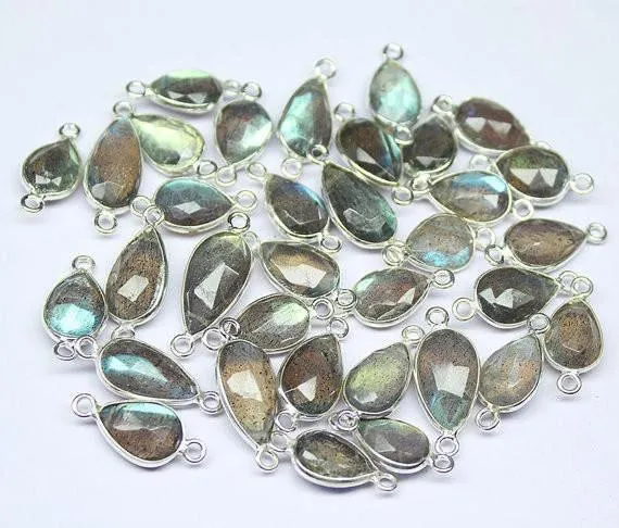 Beads Supplies USA Rings Labradorite 925 Sterling Silver Pear Connector Bezel Connector Finding 2pc 19mm