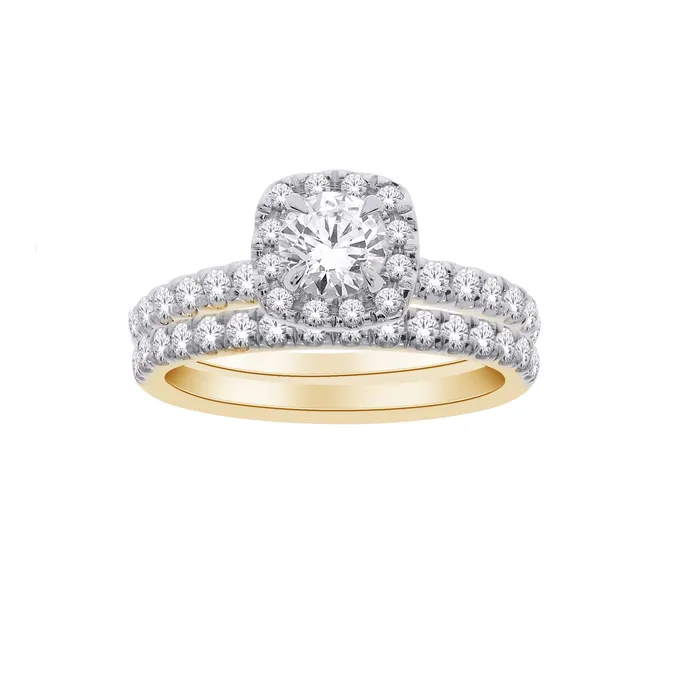 Independent Jewellers Rings 14kt Yellow Gold 130cttw Halo Engagement Ring and Wedding Band Set Independent Jewellers Rings 14kt Yellow Gold 130cttw Halo Engagement Ring and Wedding Band Set
