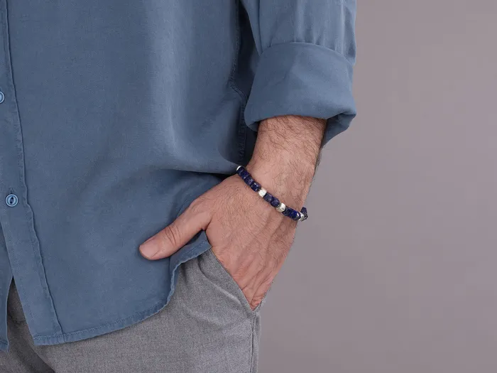 Bracelets GG SILVER NEW GURHAN Mens Sterling Silver Lapis Beaded SingleStrand Bracelet Cube Stones Bracelets GG SILVER NEW GURHAN Mens Sterling Silver Lapis Beaded SingleStrand Bracelet Cube Stones